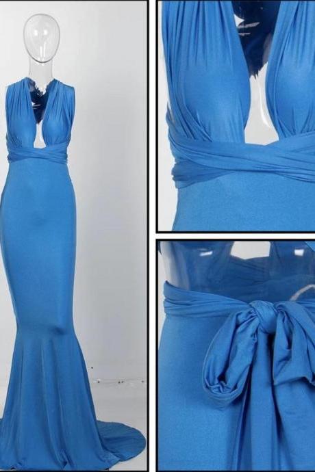 Elegant Blue Changeable Strap Bodycon Evening Party Prom Long Maxi Dress,pl2771