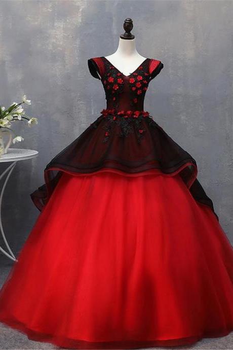 Red Black Ball Gown Vintage Flower Prom Dress Layered Ball Dress Graduation Party Dress With Short Train V-neck Banquet Dress Gorgeous