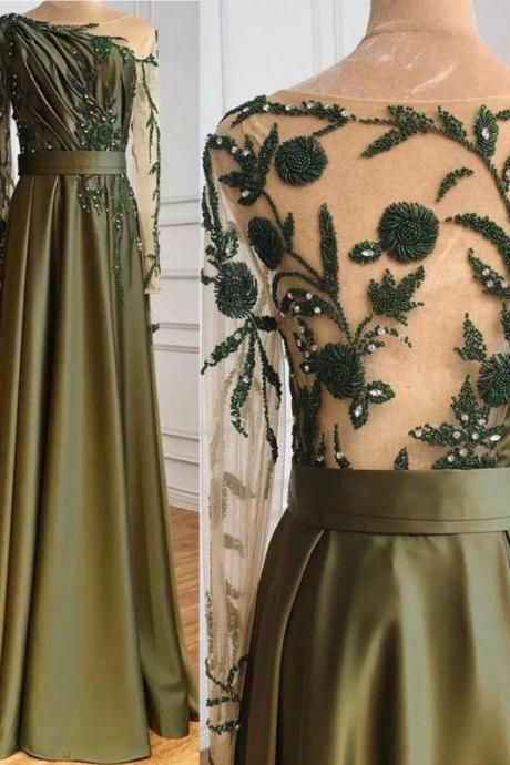 Luxury Olive Green Evening Moroccan Dress Beading Sequined Formal Party Wear Gown Dubai Evening Dress,pl2780