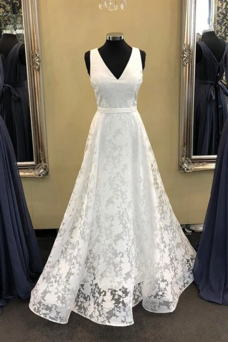 White Floral Lace V Neck Long Halter Wedding Dress, Senior Prom Dress,pl2789