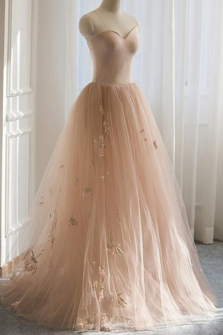 Gorgeous Sweetheart Long A-line Tulle With Embroidery Prom Dressespl2792