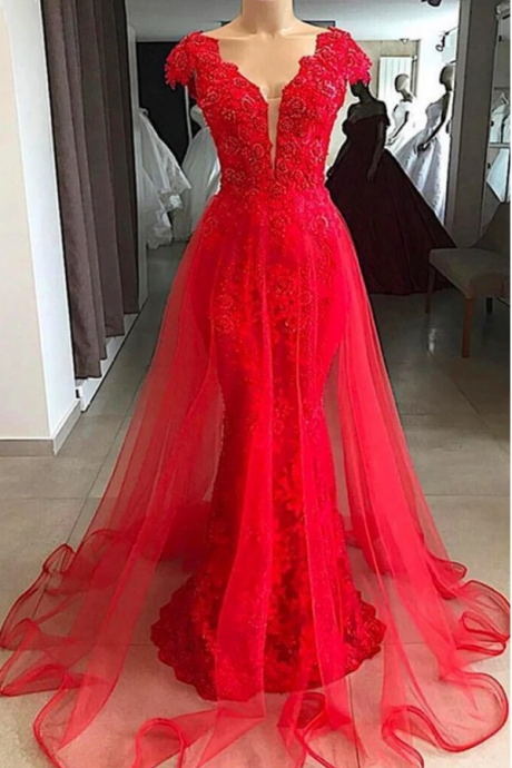 Red Lace Cap Sleeve Long V Neck Formal Prom Dress, Beaded Evening Dress,pl2793
