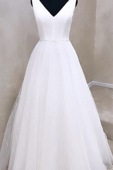 Fashion V Neck White Wedding Dress Open Back Bridal Gown,pl2794
