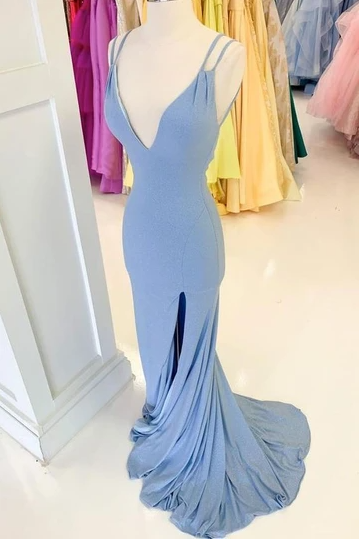 Simple V Neck Mermaid Long Prom Dress Blue Long Evening Dress,pl2795