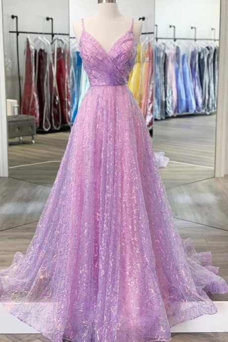 Shiny V Neck Backless Lilac Prom Dresses With Straps, Backless Lilac Formal Dresses,pl2799