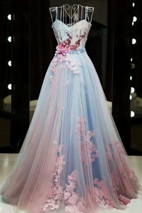 Unique Pink And Blue Tulle Long Strapless Senior Prom Dress,pl2800