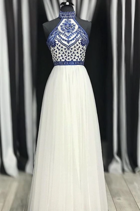 Princess High Neck White Prom Dress With Blue Embroidery,pl2801