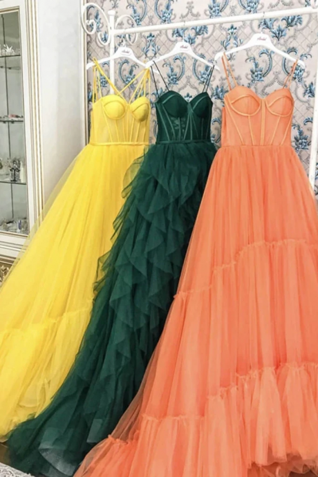 Yellow Long Tulle Prom Dresses Spaghetti Straps Sweetheart Court Train Formal Evening Party Dress,pl2809