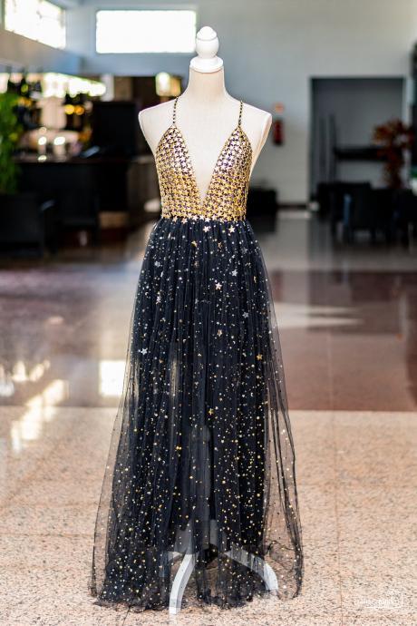 Black And Gold Long Party Moons And Stars Romantic Graduation Fifteen Years Gala Dress,pl2818