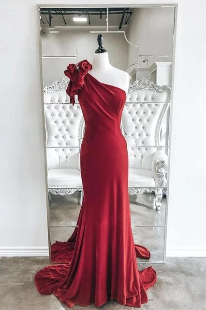 Red Velvet Long Prom Dress One Shoulder Evening Dress,pl2820