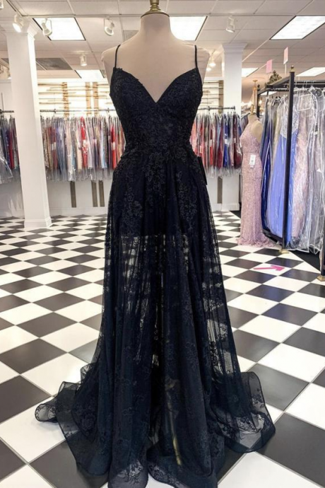 Black Tulle Lace Long Prom Dress Black Evening Dress,pl2824