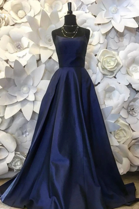 Deep Blue Satin A-line Prom Dresses Spaghetti Straps Formal Prom Gowns Women Party Dress,pl2826