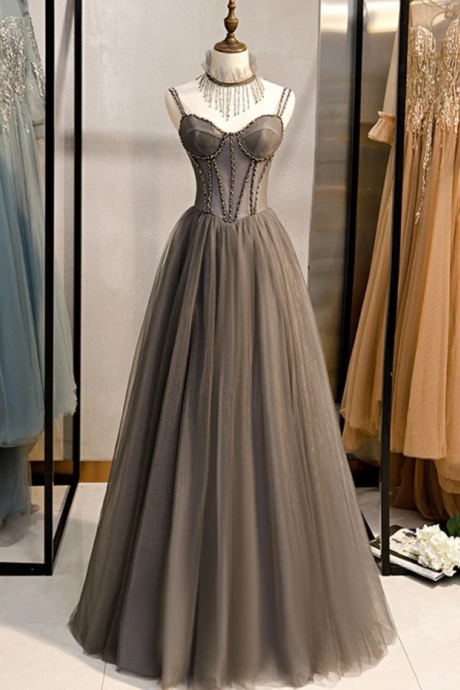 Grey Tulle Long Banquet Party Dress Sweetheart A Line Custom Size Prom Dress,pl2827