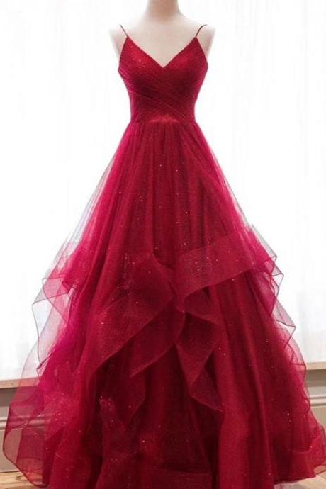 Red Prom Dresses Spaghetti Straps Evening Dresses With Ruffles,pl2829