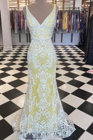 V-neck White & Yellow Lace Mermaid Prom Dress,pl2832