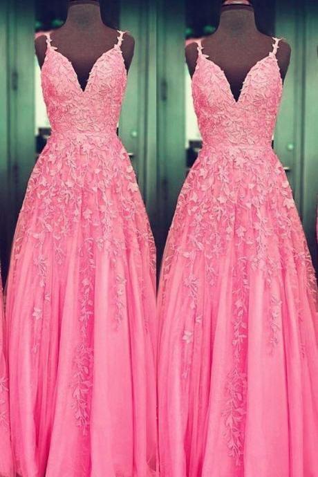 Pink Tulle Prom Long Dresses Lace V Neck Embroidery,pl2834