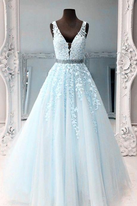 Light Blue Ball Gown Prom Dresses Lace Embroidery V Neck Formal Gown,pl2835