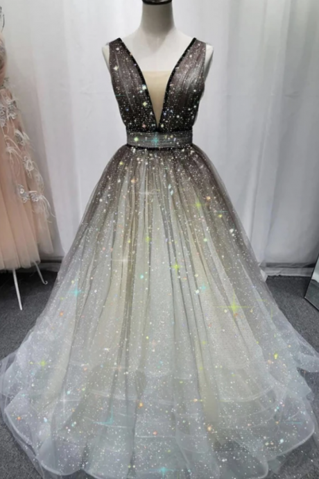 A Line V Neck Tulle Long Prom Dress Evening Dress,pl2851