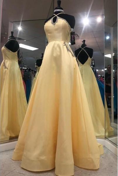 Keyhole Long A-line Yellow Satin Prom Dresses, Beaded Detail Prom Dresses, Popular Prom Dresses,pl2854