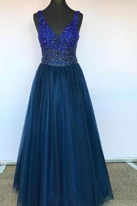 Dark Blue V Neck Tulle Beads Long Prom Dress, Evening Dress,pl2856