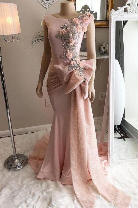 Pink Prom Dresses 2021 Scoop Neckline Lace Appliques Beading Sequins Mermaid Pleats Lace Bowknot Mermaid Long Evening Dresses ,pl2857