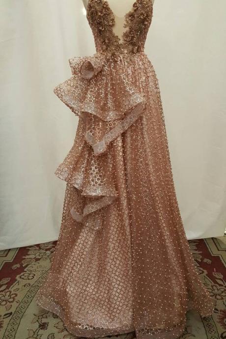 Rose Gold Lace Sparkly Glued Glitter and Pearls on Mesh Prom Fabric Sold by the Yard Gown Quinceañera Bridal Evening Dress Gorgeous Shining,PL2869