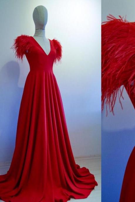 Red Crepe Scoop Neckline Prom Dress With Ostrich Feathers Custom Made,pl2870