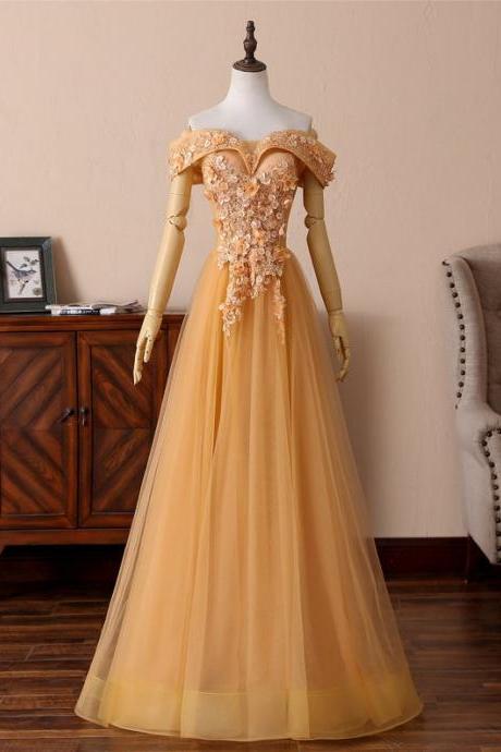 Long Prom Dress Glamorous Orange Bridal Dress Off The Shoulder Wedding Dress Lace Appliqued Evening Gown Tulle Ress A-line Bridesmaid