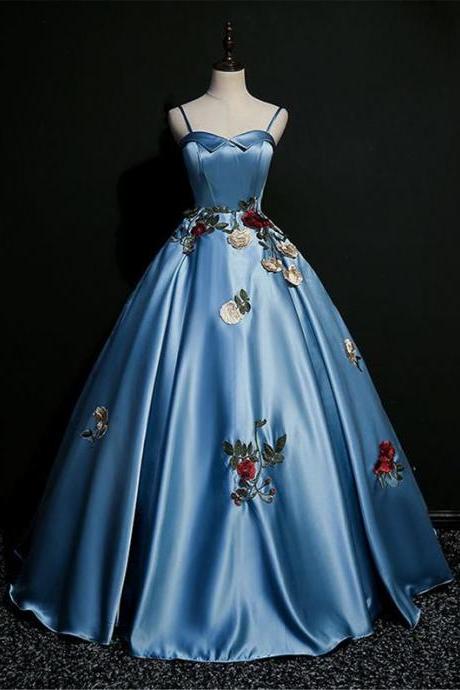 Blue Satin Prom Dress Spaghetti Strap Ball Gown For Women Flower Evening Dress Host Dress Vintage Backless Dress Sexy Satin Formal Dress,pl2882