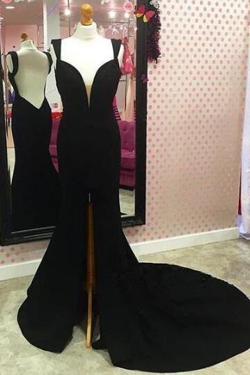 Black Sleeveless Plunging V Mermaid Long Prom Dress, Evening Dress Featuring Front Slit And Open Back,pl2887