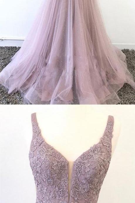 Beautiful Purple Prom Dresses Deep V Neck With Appliques Beading,pl2889