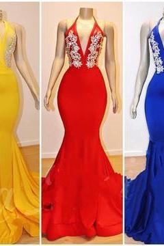 Multi-color Backless Long Mermaid Evening Dress, Party Dress With Lace Applique,pl2903