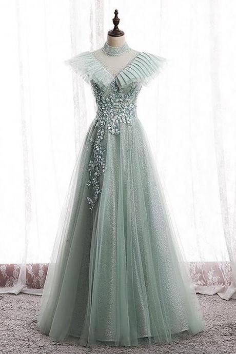 Elegant Prom Dress Embroidered With Flowers And Glitters // Embroidered Prom Dress // Bridesmaid Dresses Green / Sleeveless Prom Dress,pl2931