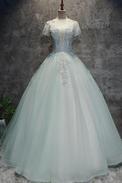 Gorgeous Mint Green Tulle Cap Sleeves Floral Sweet 16 Dress, Charming Prom Dress,pl2938