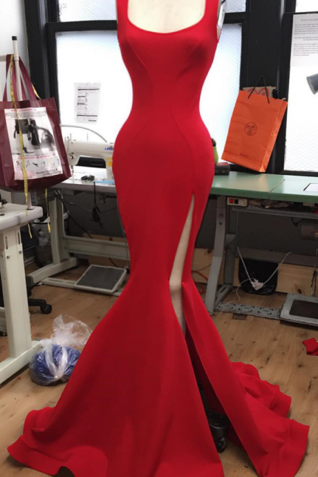Long Red Jersey Prom Dress,elegant Formal Dress,slit Prom Dress,red Evening Gowns,pl2950