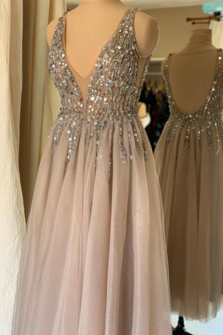 Sexy Evening Gown In Gray, Beaded Couture Dress, Mother Of The Bride Groom Dress In Grey, Elegant Formal Dress With Deep V,pl2964