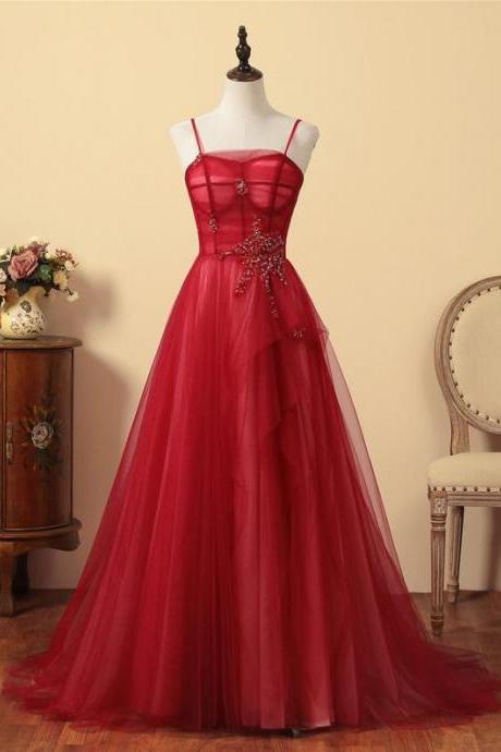 Burgundy Red Party Dress A-line Bridesmaid Dress Long Spaghetti Strap Wedding Dress Backless Quinceanera Dresses Lace Up Formal Event