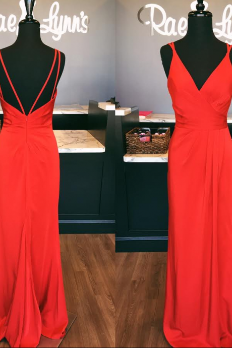 Red V Neck Prom Dress, Long Prom Dresses Party Dresses Formal Dresses Spaghetti Straps,pl2982