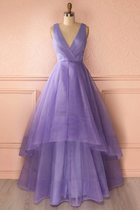 Unique Deep V Neck Floor Length Prom Dress, Lavender Organza Princess Long Prom Dress, Asymmetric Tiered Pleats Prom Dress,pl2984