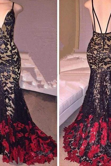 Bridelily Black Red Lace Spaghetis-straps Side-slit Mermaid Prom Dresses,pl2988