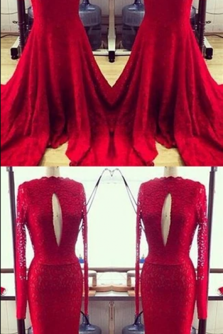 Red Long Sleeves Cut Out Lace Prom Dresses Mermaid Evening Dresses,pl2999