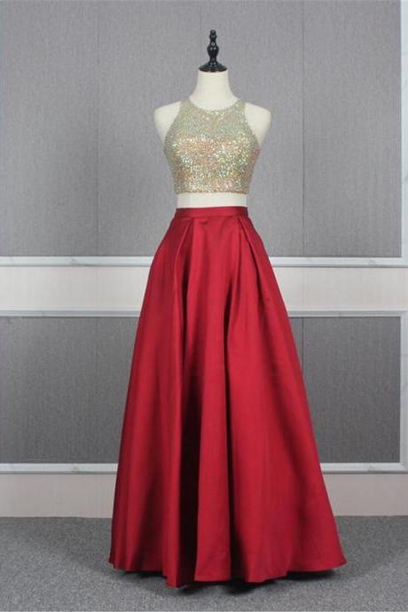 Two-pieces Halter Prom Dress,long Burgundy Prom Dress,beading Prom Gown,long Italy Satin Evening Dress,wedding Reception Dress,pl3012