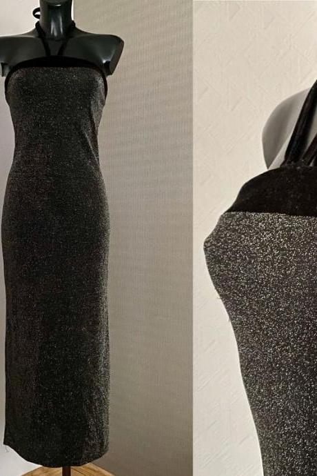 Evening Cocktail Dress 90's Black Silver Metalic Dress Velvet Sleeveless Sexy Open Back Dress Made In France Ball Gown Party