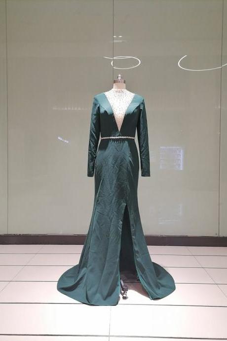Green Prom Dress Long For Woman Mermaid Evening Dress Gown Party Formal Bridal Dress Deep High Neck With Beads Cocktail Homecoming Dress.pl3019