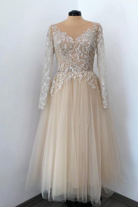 Champagne Tulle Midi Dress, Applique Rhinestone Embellished Dress, Beaded Tulle Dress, Gold Prom Lace Dress.pl3020
