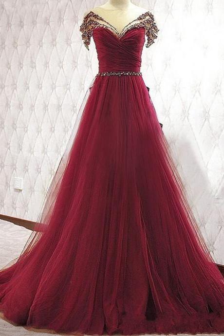 Fashion Burgundy Tulle Beaded Long Prom Dresses Custom Made Prom Party Gowns Plus Size Women Evening Party Gowns .pl3023