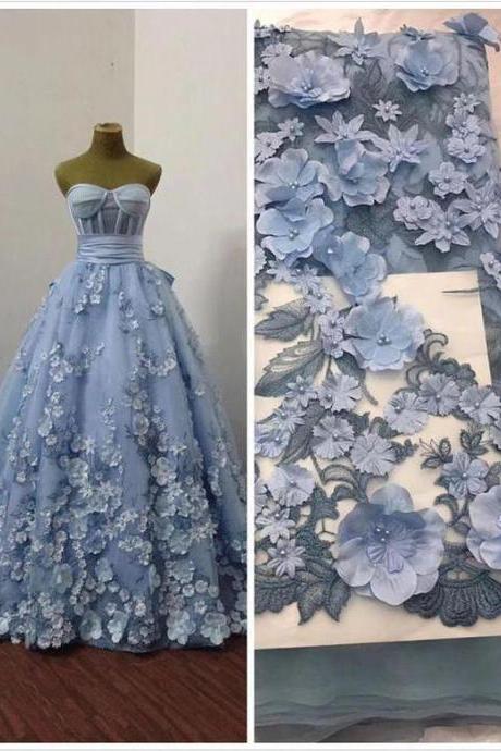 Sweetheart Neck Blue Prom Dresses Ball Gown 3d Flowers Elegant A-line Floral Prom Gown .pl3027