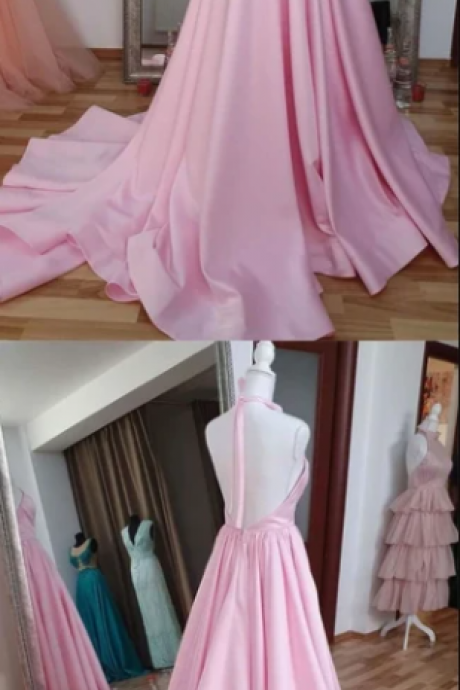 Pink High Neck Pink Satin Long Prom Dress Pink Evening Dress,pl3035