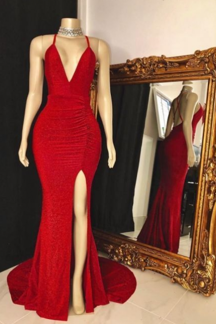 Spaghetti Straps Floor Length Red Prom Dresses With High Slit,pl3036