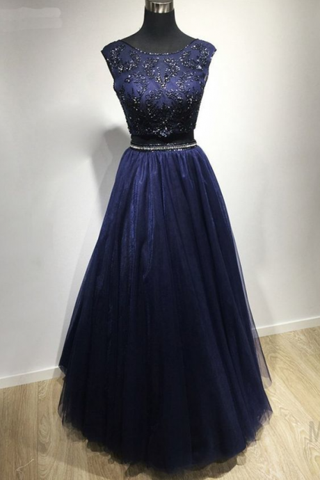 2021 Formal Navy Blue 2 Piece Prom Dresses Exquisite Beaded Tulle A Line Floor Length Long Dress,pl3044